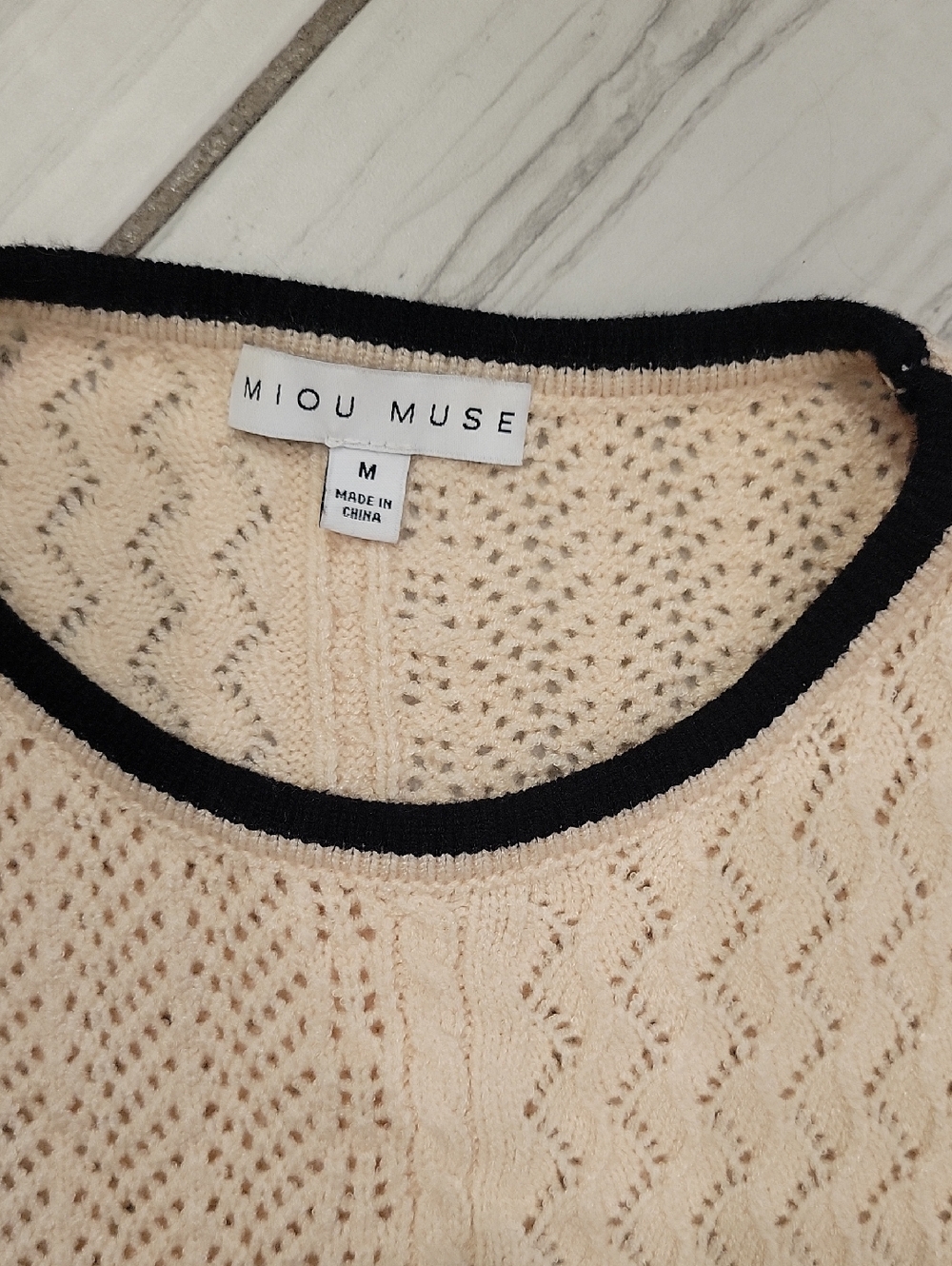 Cream Knit Ruffle Sleeve Top with Black Trim - Picture 5 of 6